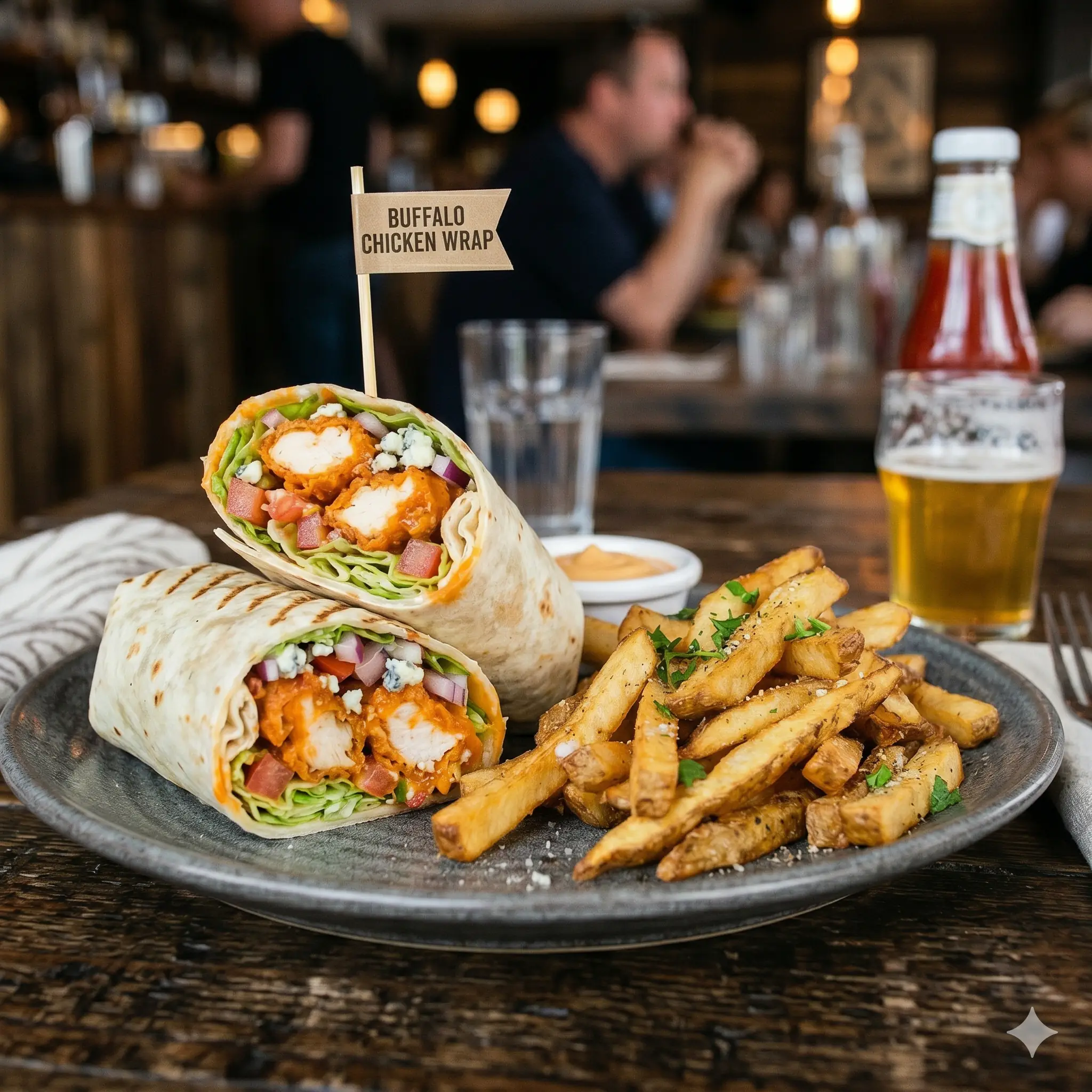 AI-generated chicken wrap with fries, generated with Gemini