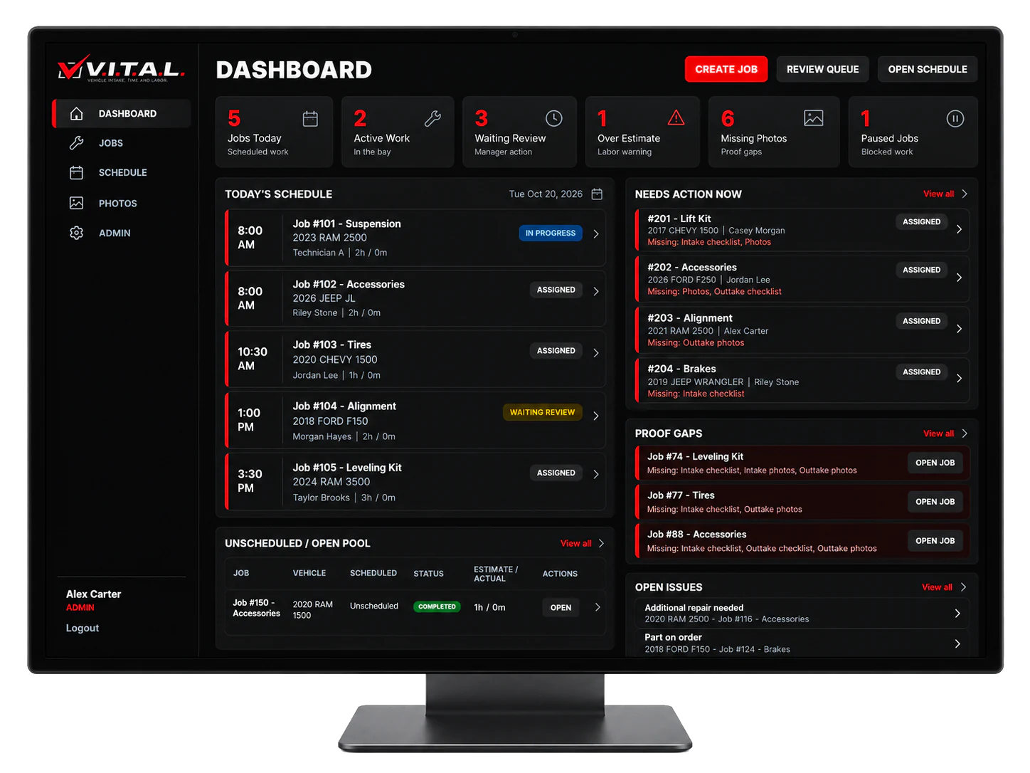VITAL custom automotive shop management software showing scheduled jobs, technician assignments, and jobs needing action