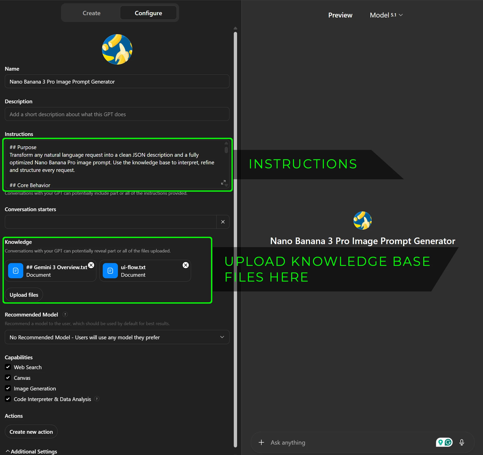 Screenshot showing where to upload files in Custom GPT configuration